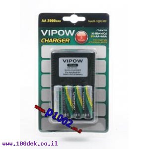 מטען + 4 סוללות 2900 AA נטענות VIPOW