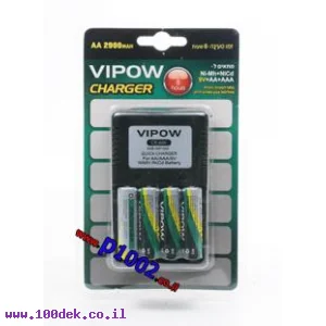 מטען + 4 סוללות 2900 AA נטענות VIPOW