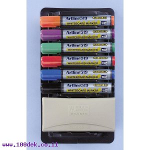 טוש מחיק Artline 519 - ערכה של 6 צבעים ראש שטוח + מחק